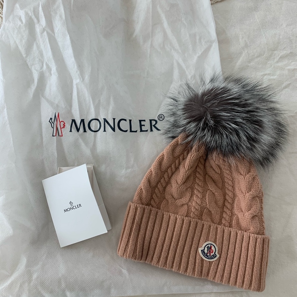 Moncler Brown Cable Knit Hat with Fur Pom